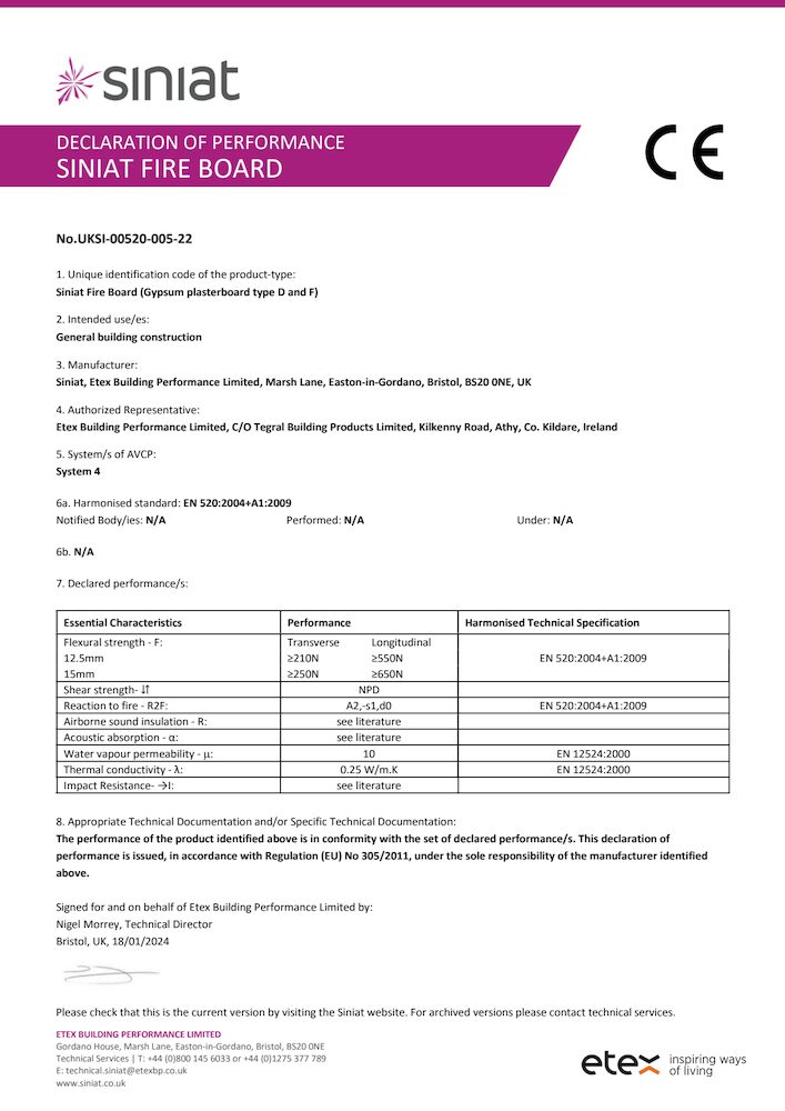 Siniat Fire Board DoP (CE) UKSI-00520-005-22