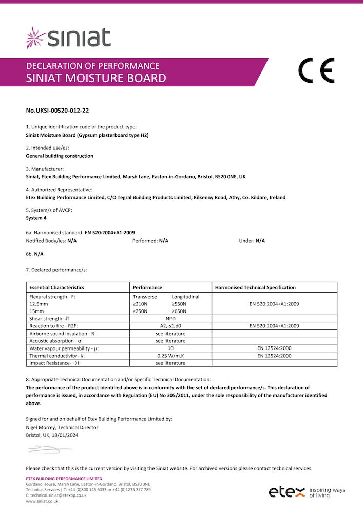 Siniat Moisture Board DoP (CE) UKSI-00520-012-22