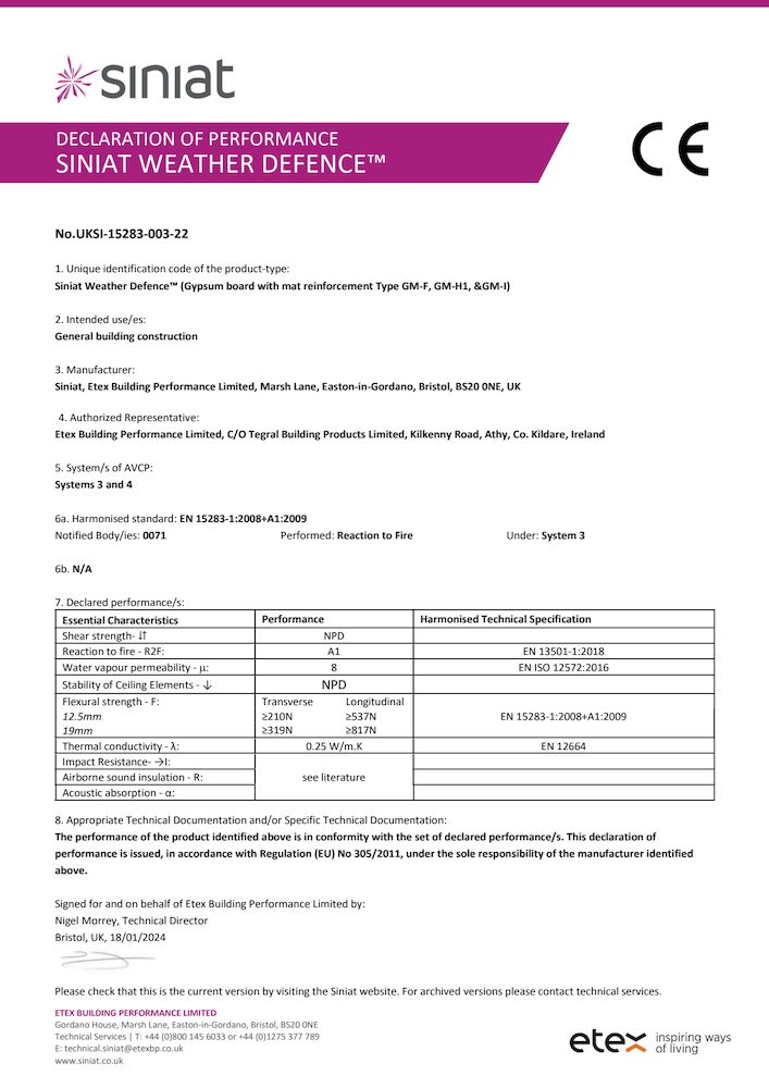 Siniat Weather Defence DoP (CE) UKSI-15283-003-22