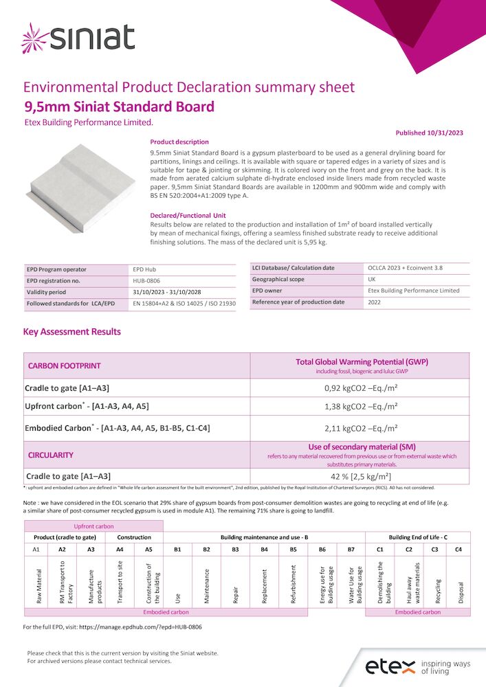 Summary Sheet-EPD#4-9.5mm Siniat Standard boards UK