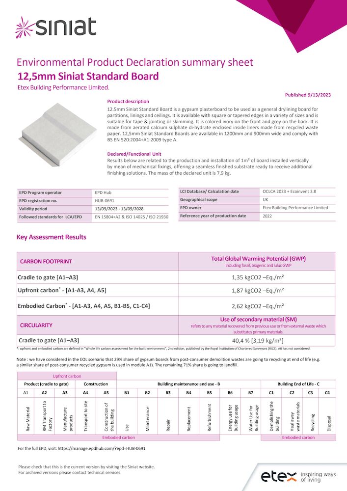 Summary Sheet-EPD#1-12.5mm Siniat Standard boards UK-v1