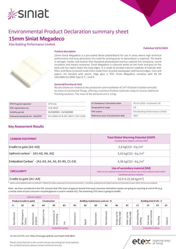 Summary Sheet-EPD#9-15mm Siniat Megadeco UK