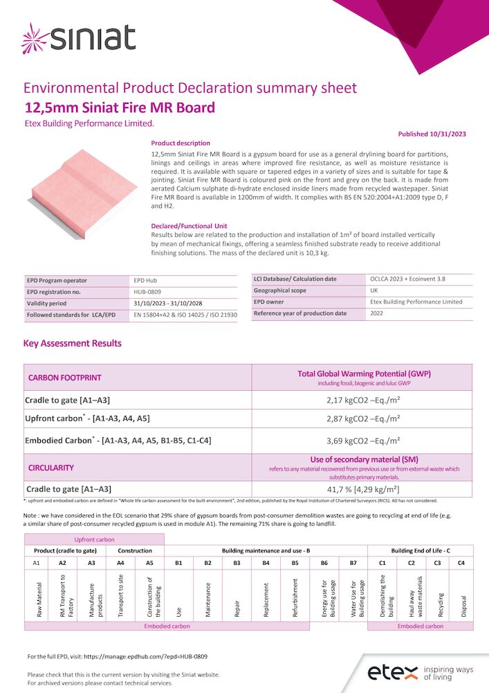 Summary Sheet-EPD#6-12.5mm Siniat Fire MR boards UK