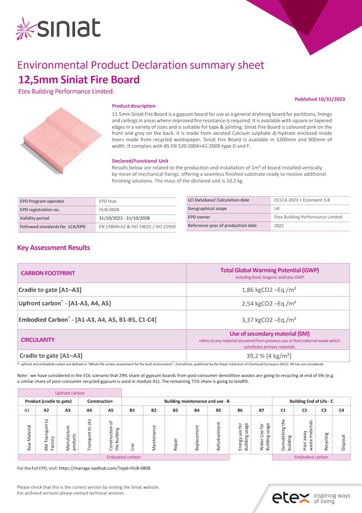 Summary Sheet-EPD#5-12.5mm Siniat Fire Board UK