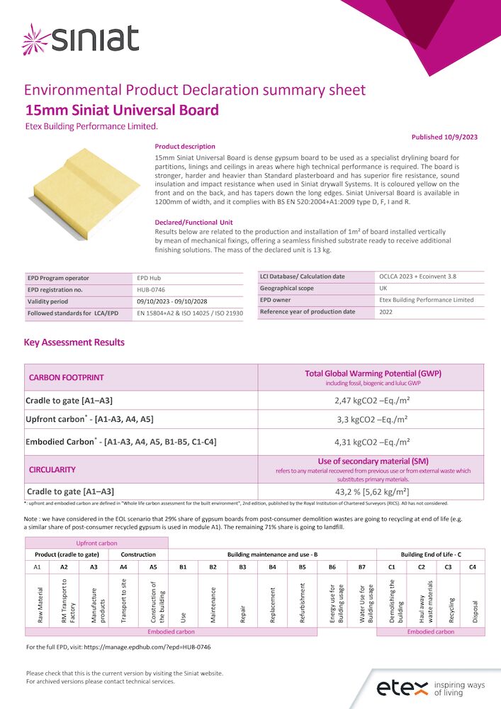Summary Sheet-EPD#3-15mm Siniat Universal Board UK-v2