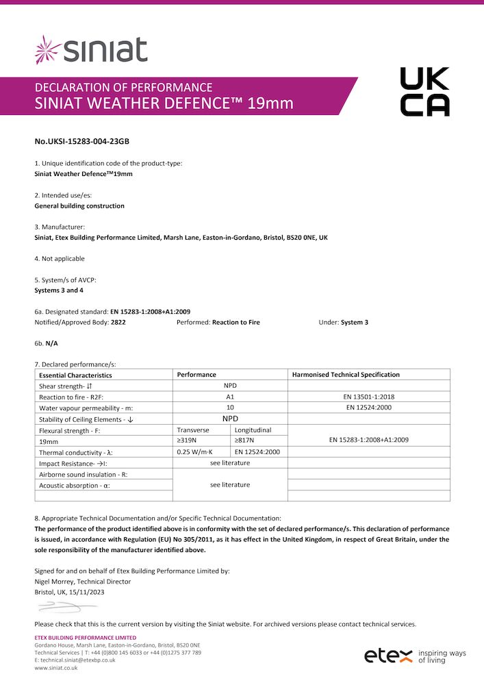 Siniat Weather Defence 19mm DoP UKSI-15283-004-23GB