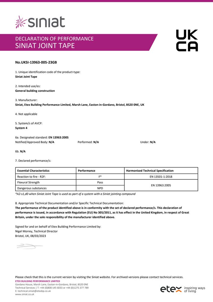 Siniat Joint Tape DoP UKSI-13963-005-23GB