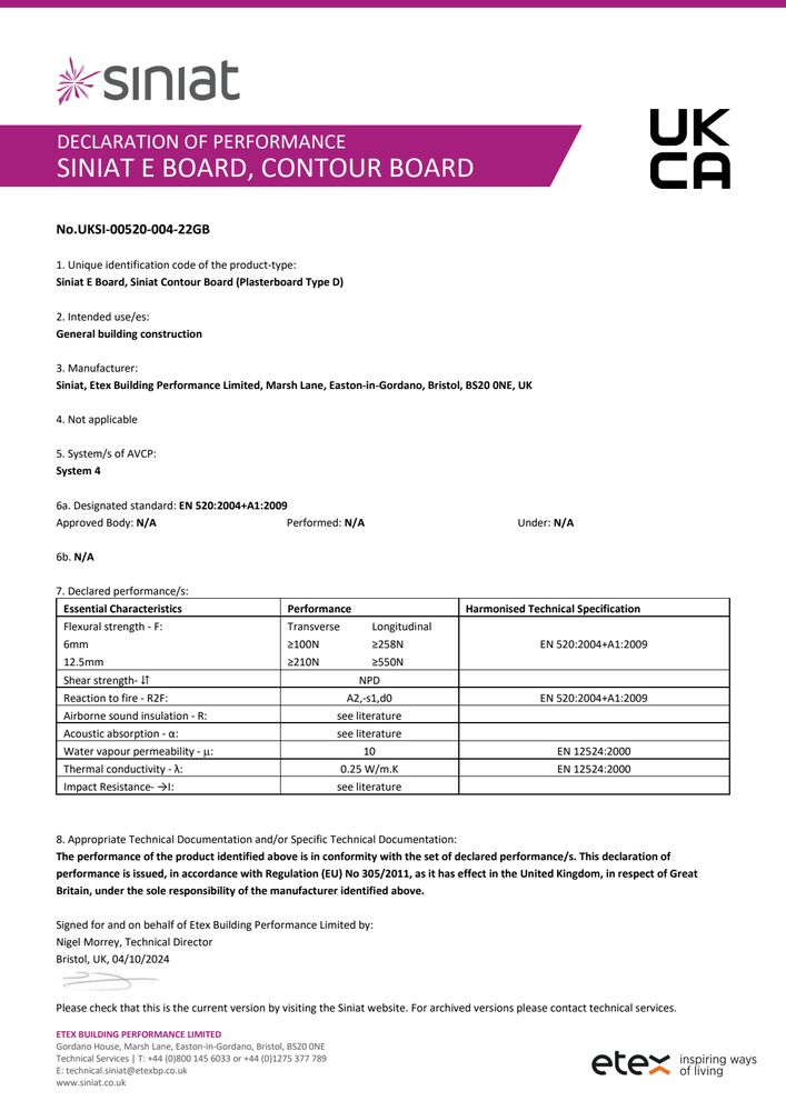 Siniat E Board and Contour Board DoP UKSI-00520-004-22GB