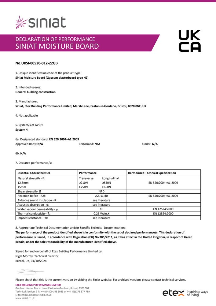 Siniat Moisture Board DoP UKSI-00520-012-22GB