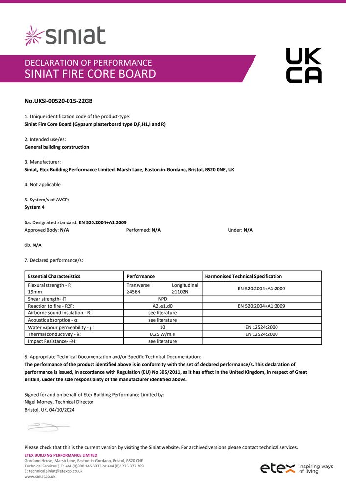 Siniat Fire Core Board DoP UKSI-00520-015-22GB