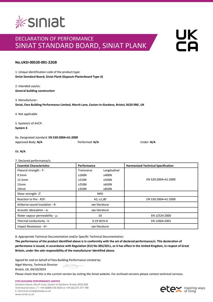 Siniat Standard Board and Plank DoP UKSI-00520-001-22GB