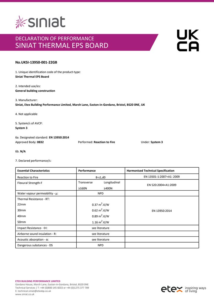 Siniat Thermal EPS Board DoP UKSI-13950-001-22GB