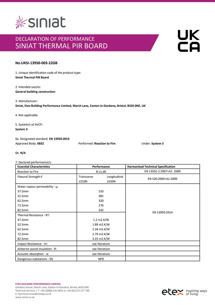 Siniat Thermal PIR Board DoP UKSI-13950-003-22GB