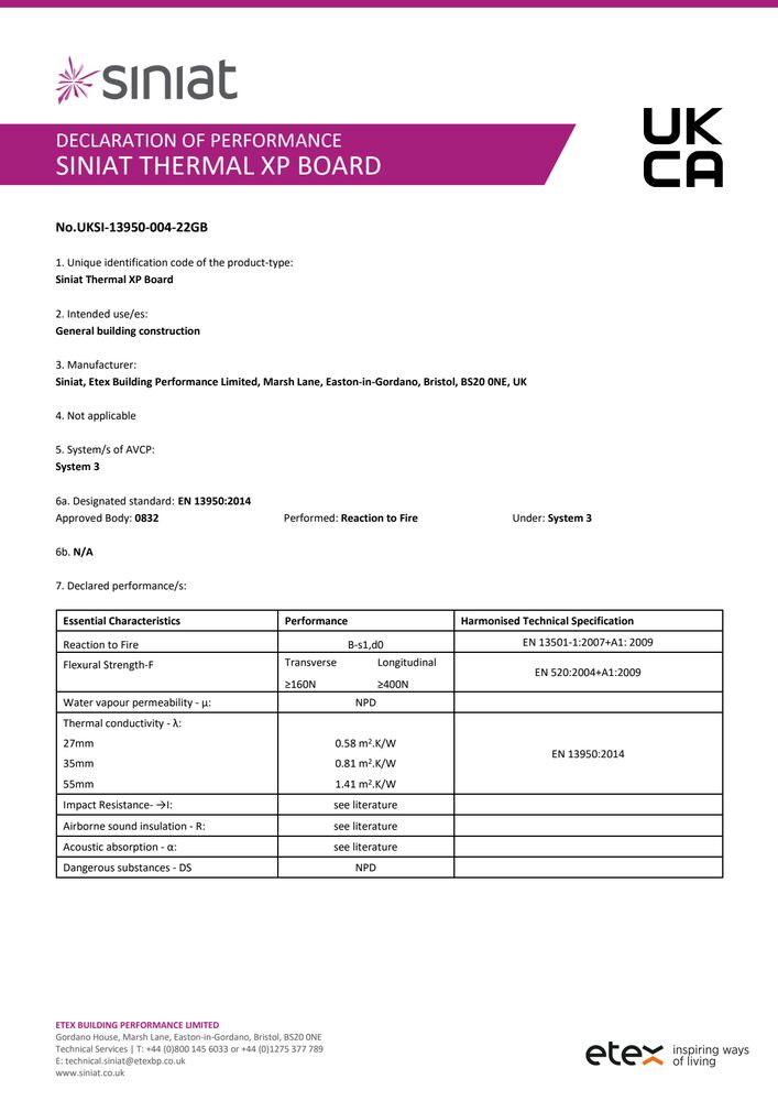 Siniat Thermal XP Board DoP UKSI-13950-004-22GB